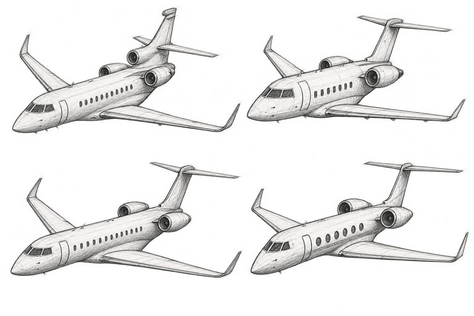 Organic graphite sketches of four business jets