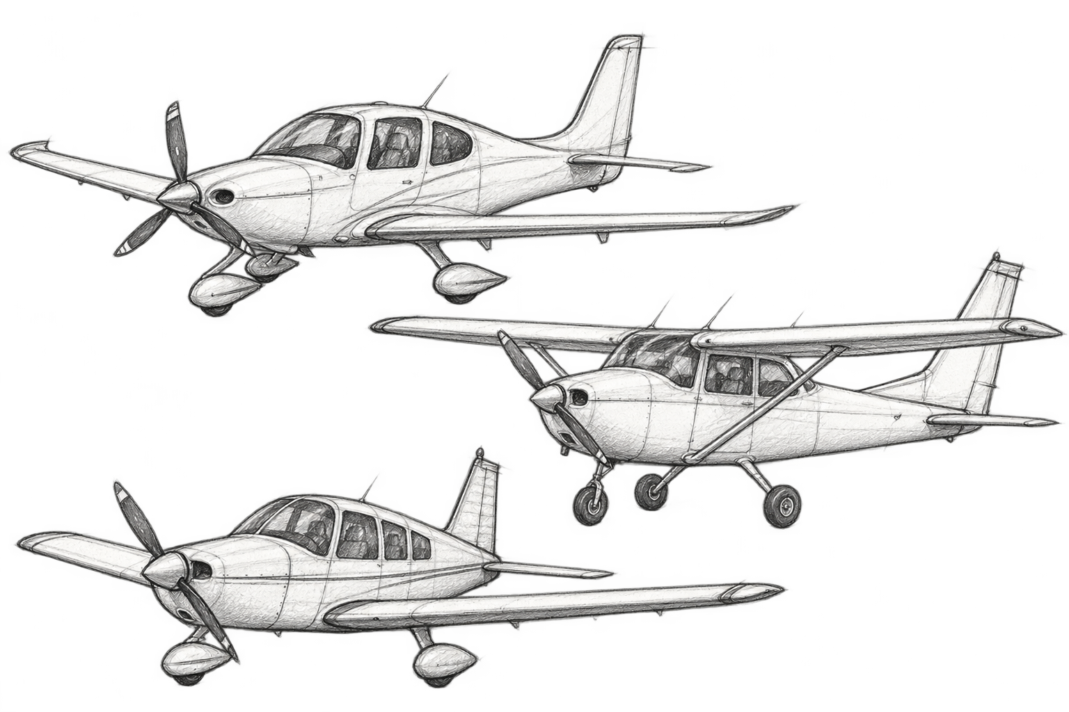 Loose pencil sketches of Cirrus, high-wing Cessna, and low-wing Piper light aircraft